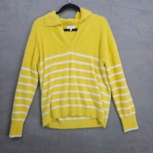 J. Society New York Yellow White Striped Fuzzy Knit Polo Sweater Small